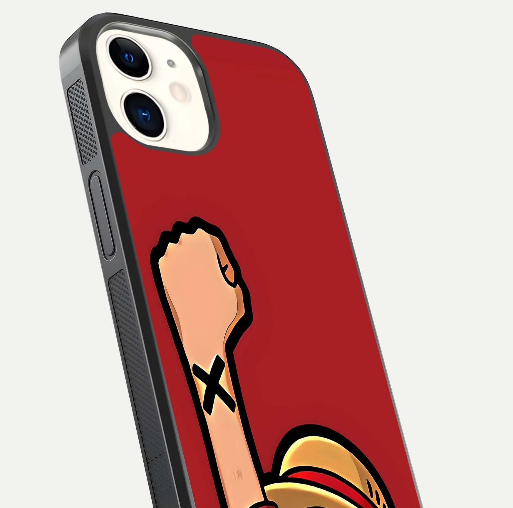 Luffy X Spirit Glass Case for iPhone 12 Mini close-up angled shot showing character detailing and gloss texture