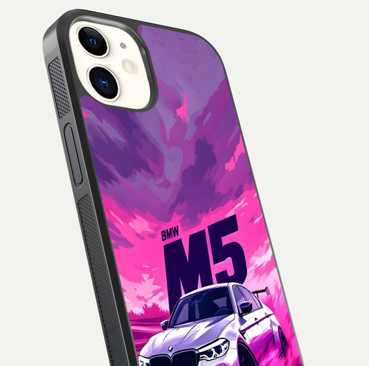 MS Neon Car Glass Case for iPhone 12 Mini close-up angled shot showing vivid neon reflections and shine
