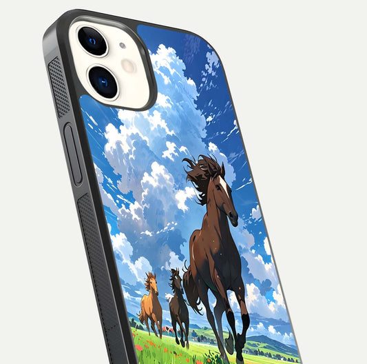 Majestic Horses Galloping Glass Case for iPhone 12 Mini close-up angled shot showing horse motion and reflection