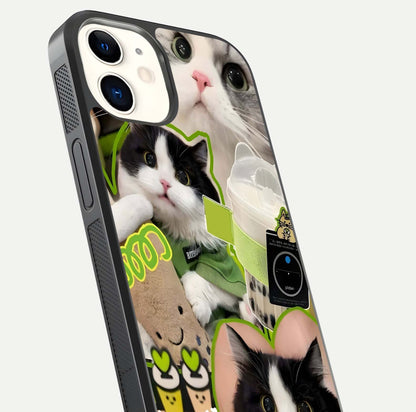Matcha Cats Mood Glass Case for iPhone 12 Mini close-up angled shot showing adorable cat art and reflection detail