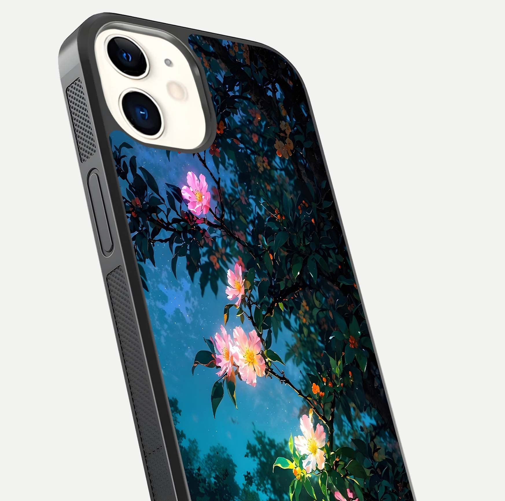 Midnight Bloom Glow Glass Case for iPhone 12 Mini close-up angled shot showing petal highlights and glow reflection