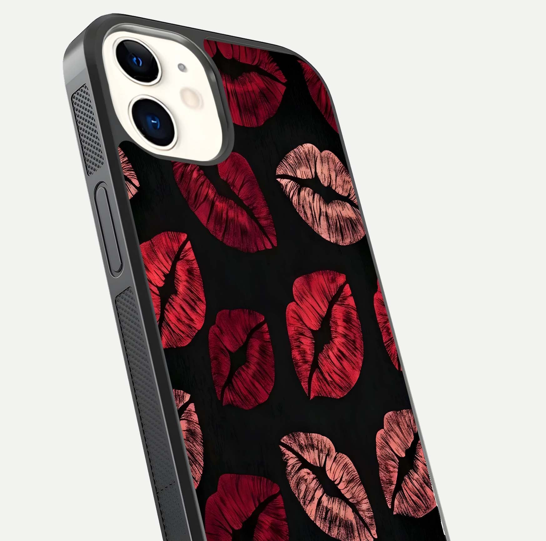 Midnight Kiss Love Glass Case for iPhone 12 Mini close-up angle highlighting red accents and reflection shine