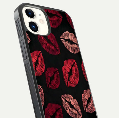Midnight Kiss Love Glass Case for iPhone 12 Mini close-up angle highlighting red accents and reflection shine