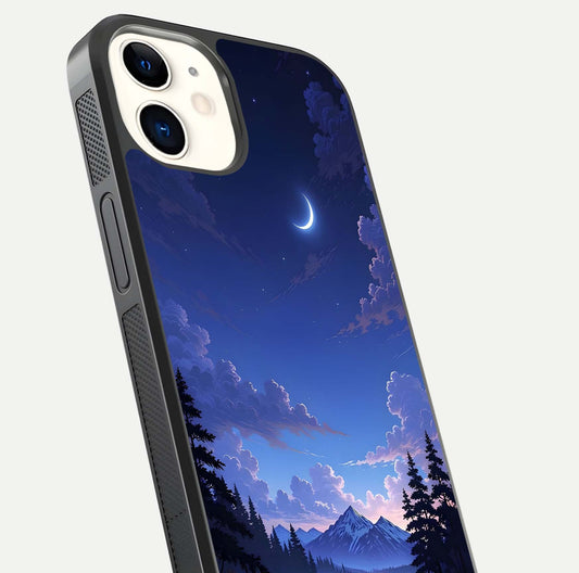 Midnight Lake Peace Glass Case for iPhone 12 Mini close-up angled shot showing blue night tones and reflection