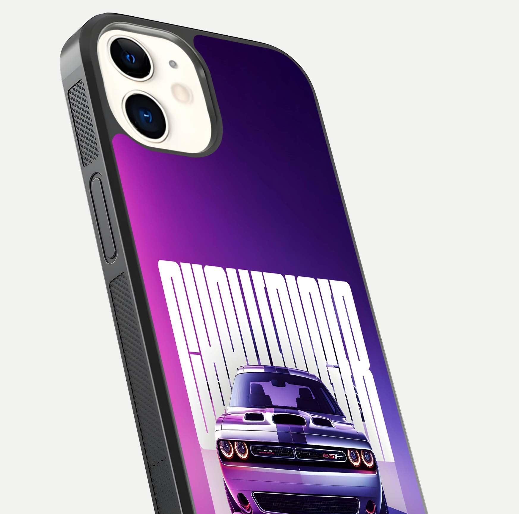 Midnight Muscle Ride Glass Case for iPhone 12 Mini close-up angled shot showing HD reflections and car details