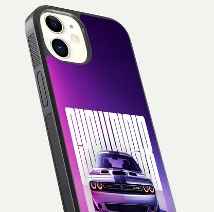 Midnight Muscle Ride Glass Case for iPhone 12 Mini close-up angled shot showing HD reflections and car details