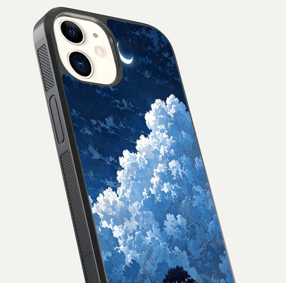 Midnight Sky Serenity Glass Case for iPhone 12 Mini close-up angled shot showing starlit tones and reflection