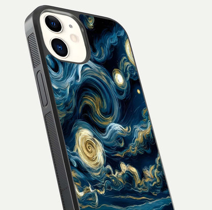 Midnight Sky Whirl Glass Case for iPhone 12 Mini close-up angle showing spiral design and HD gloss reflection