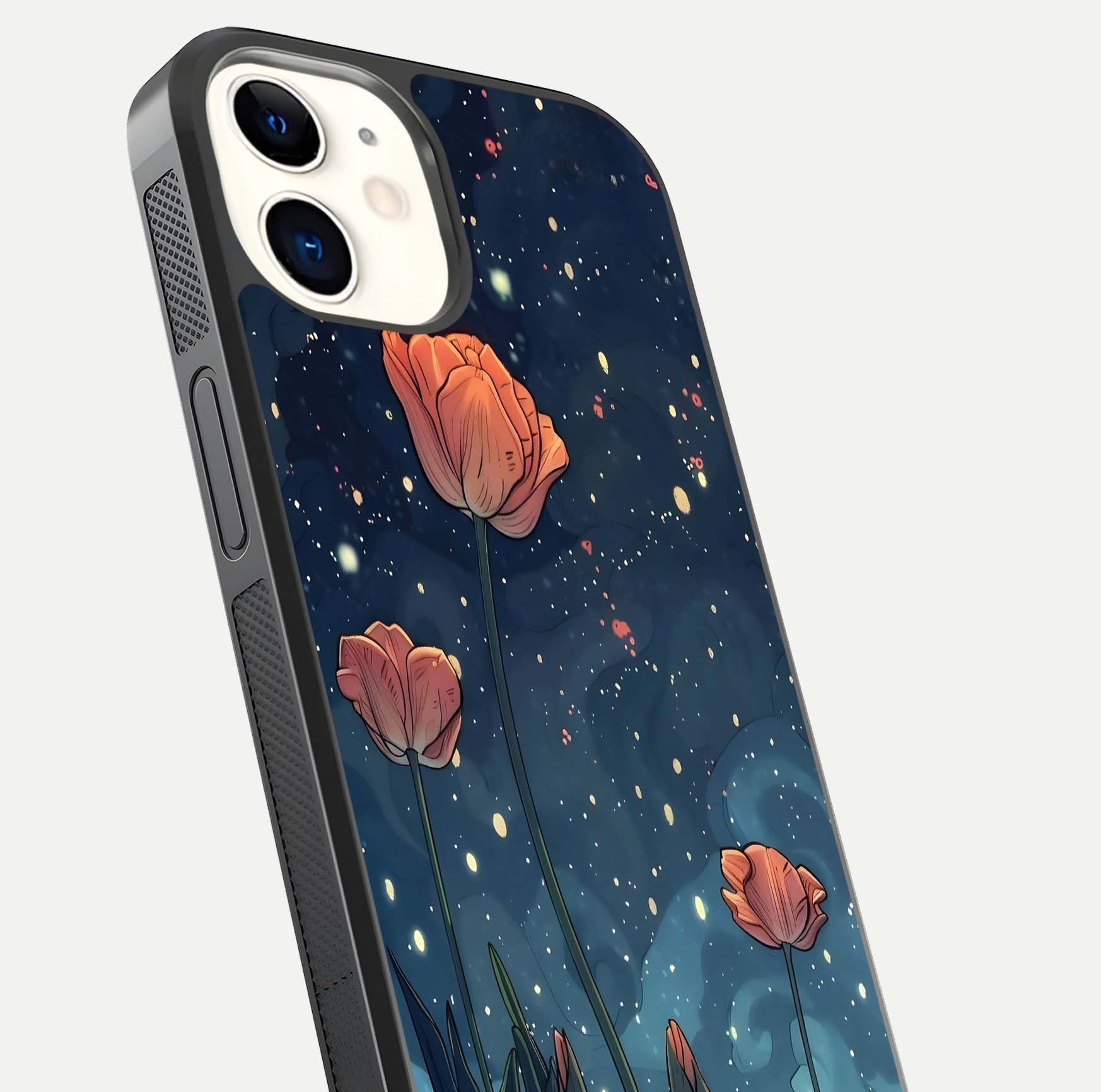 Midnight Tulip Glow Glass Case for iPhone 12 Mini close-up angled shot showing petal details and reflection glow