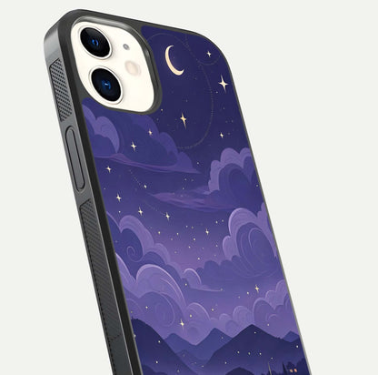 Minimal Night View Glass Case for iPhone 12 Mini close-up angled shot showing lights reflection and dark tone details