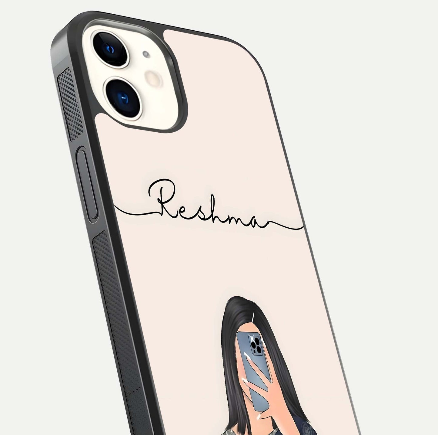 Mirror Mood Muse Custom Name Glass Case for iPhone 12 Mini close-up angled shot highlighting gloss and mirror depth