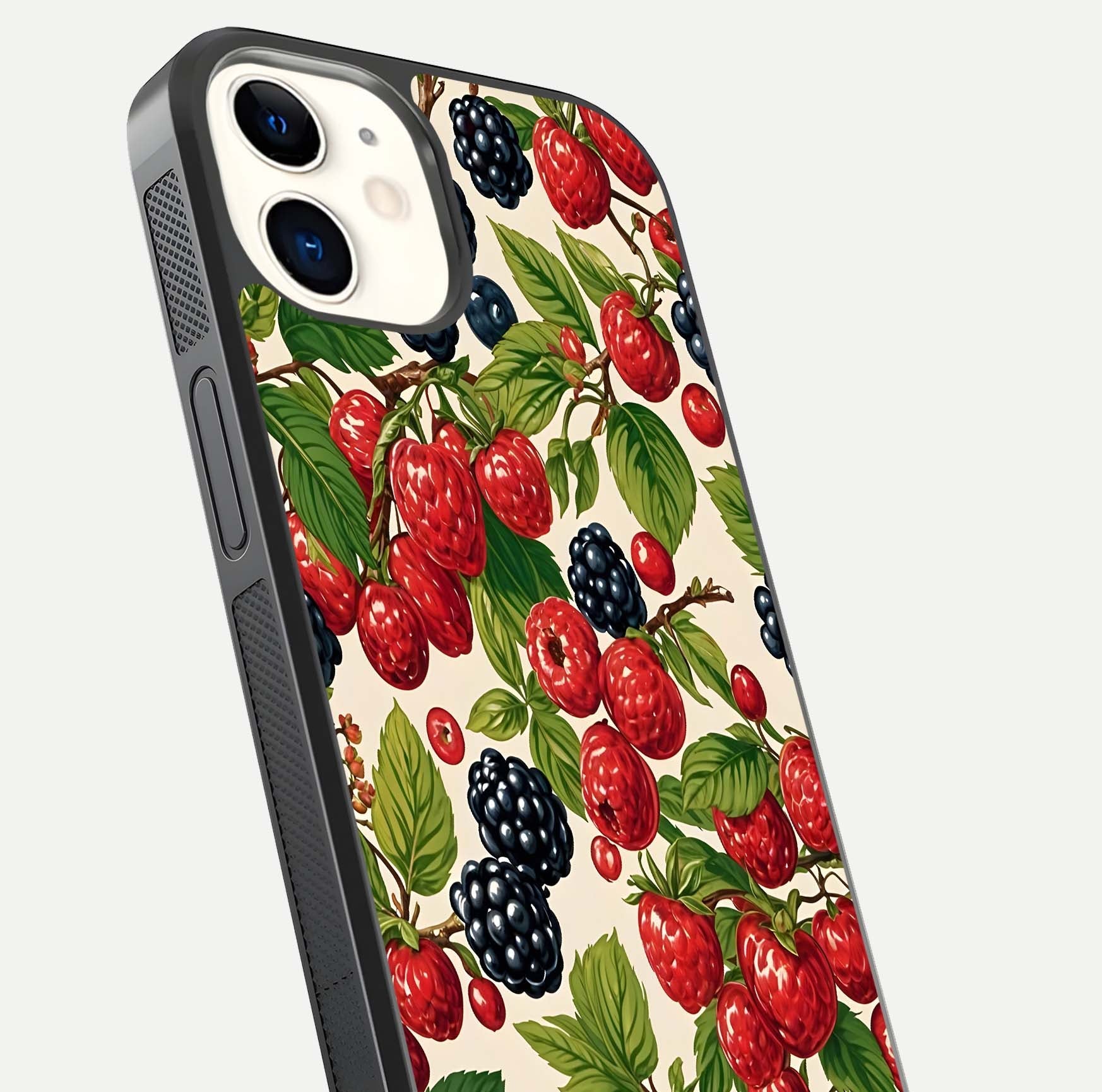 Mixed Berry Collage Glass Case for iPhone 12 Mini close-up angled shot showing fruit detail and reflection glow