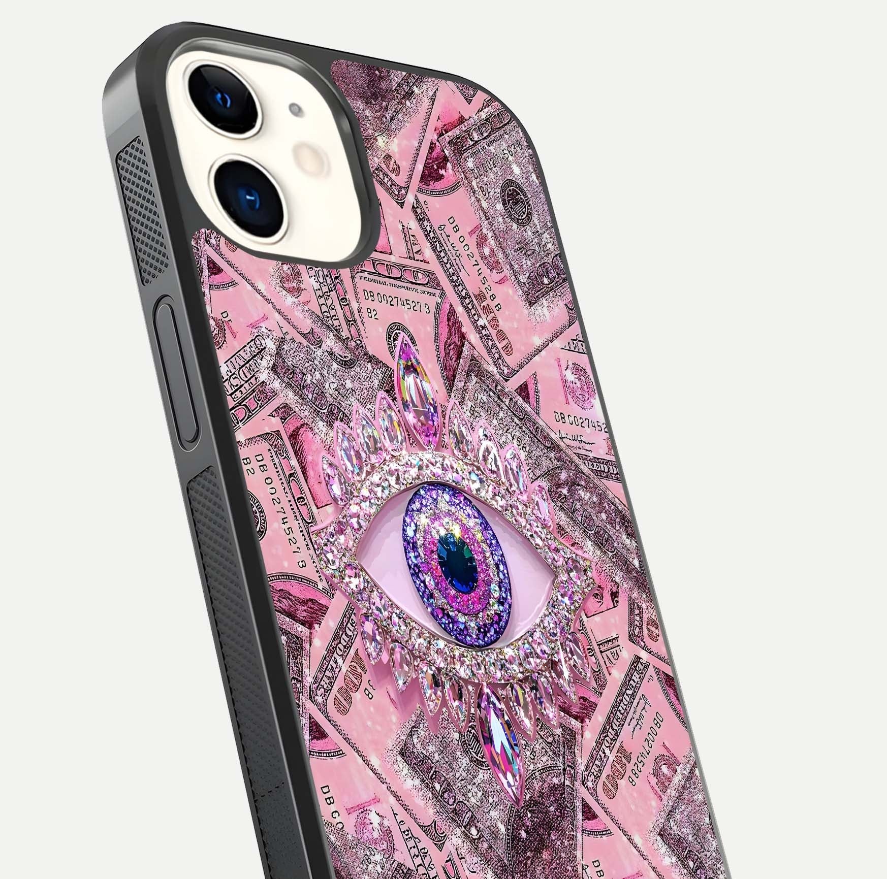 Money Eye Luxe Glass Case for iPhone 12 Mini close-up angled shot showing gold detailing and reflection shine