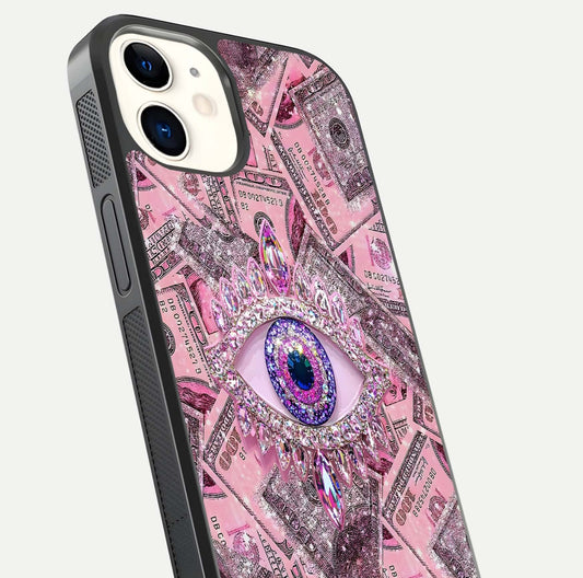 Money Eye Luxe Glass Case for iPhone 12 Mini close-up angled shot showing gold detailing and reflection shine