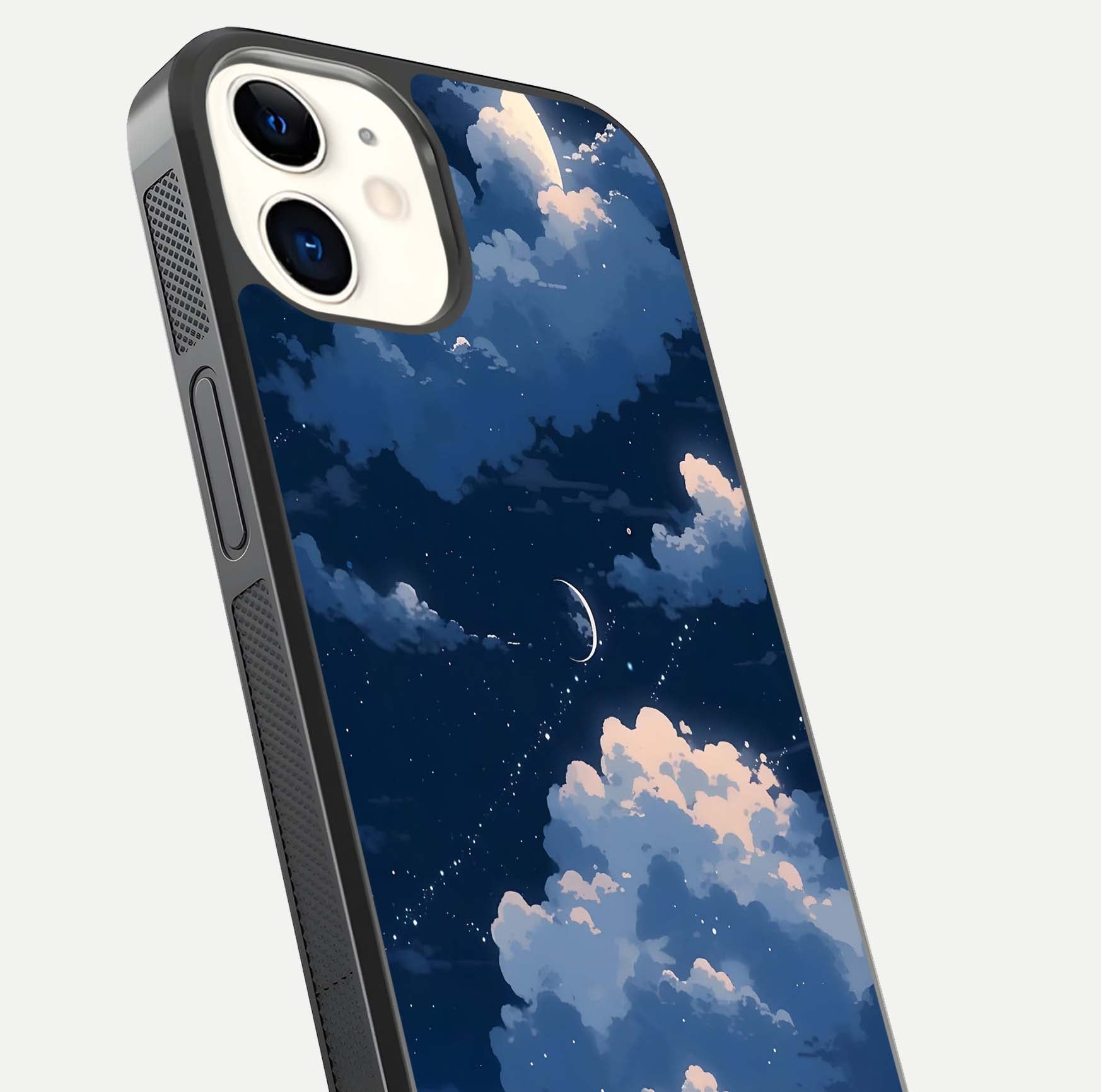 Moon Dream Haze Glass Case for iPhone 12 Mini close-up angled shot showing moon reflection and subtle glow