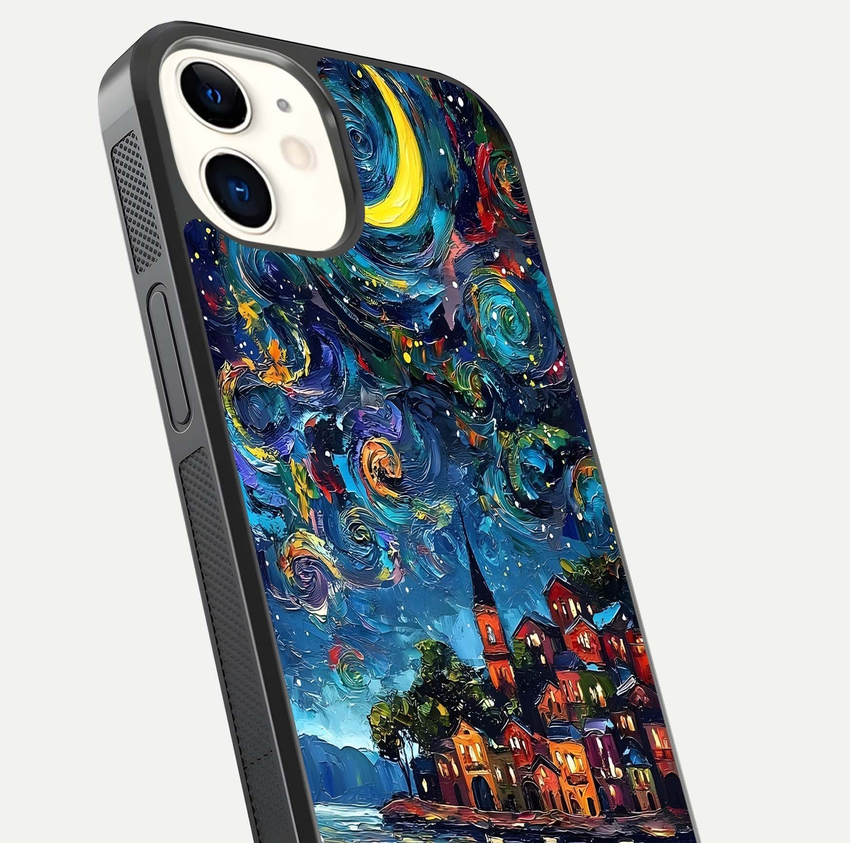 Moonlight Harbor Glow Glass Case for iPhone 12 Mini close-up angled shot showing reflection and moonlight glow