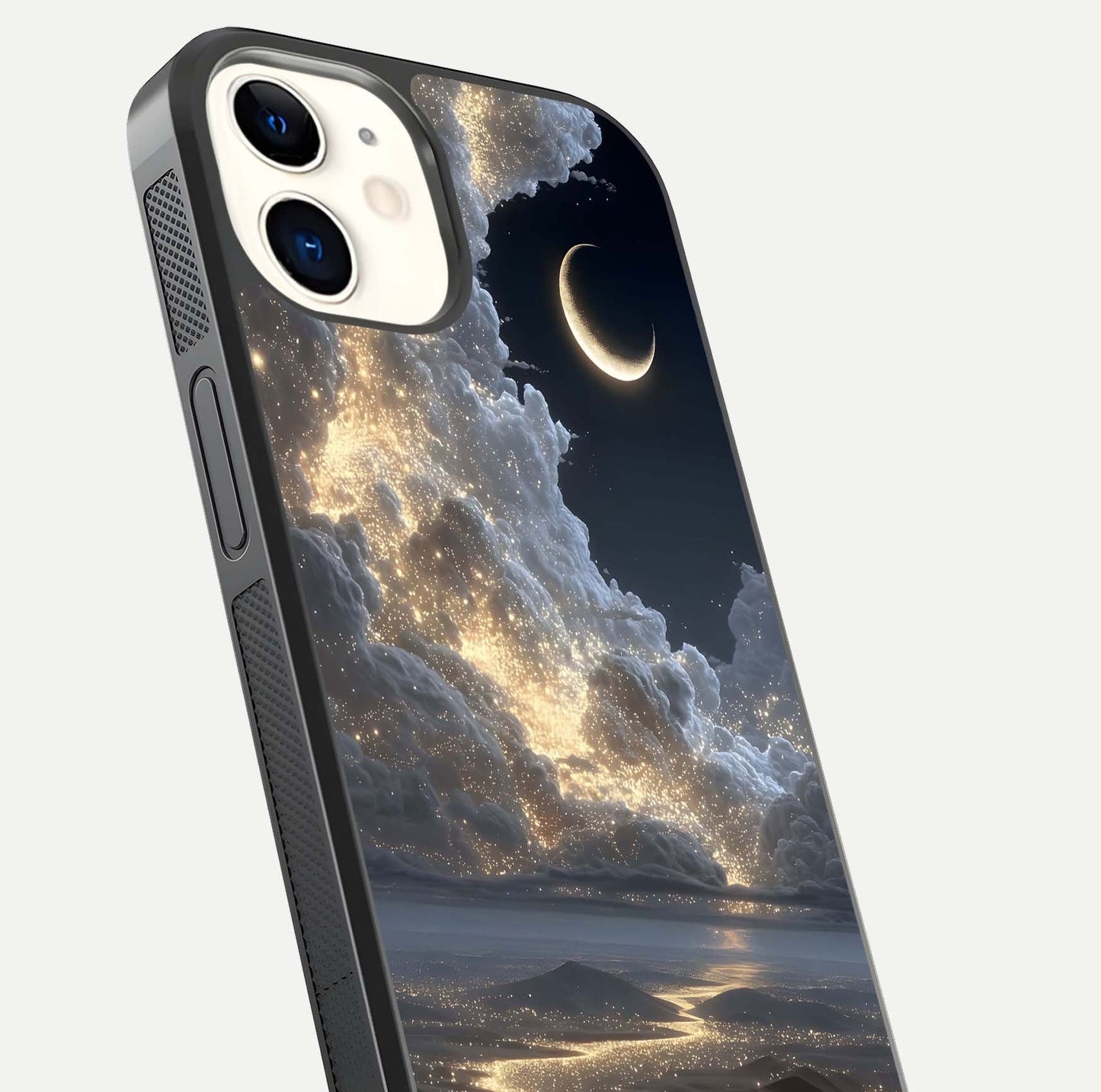 Moonlight Spark Path Glass Case for iPhone 12 Mini close-up angled shot showing glowing stars and reflection