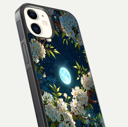 Moonlit Blossom Dream Glass Case for iPhone 12 Mini close-up angled shot showing glowing petals and reflection