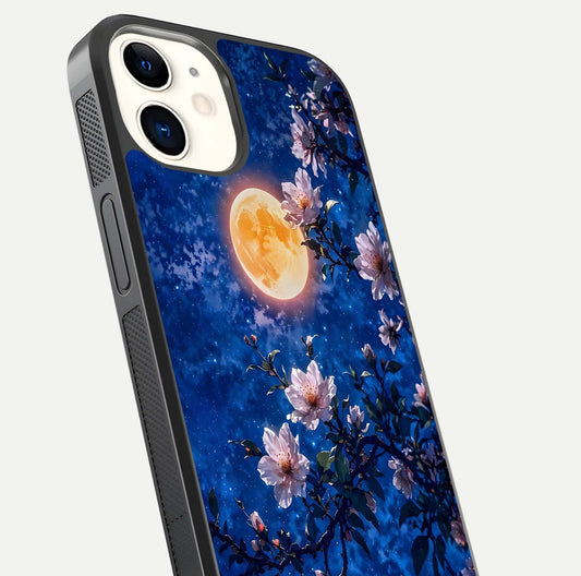 Moonlit Blossoms Night Glass Case for iPhone 12 Mini close-up angled shot showing petal glow and reflection detail