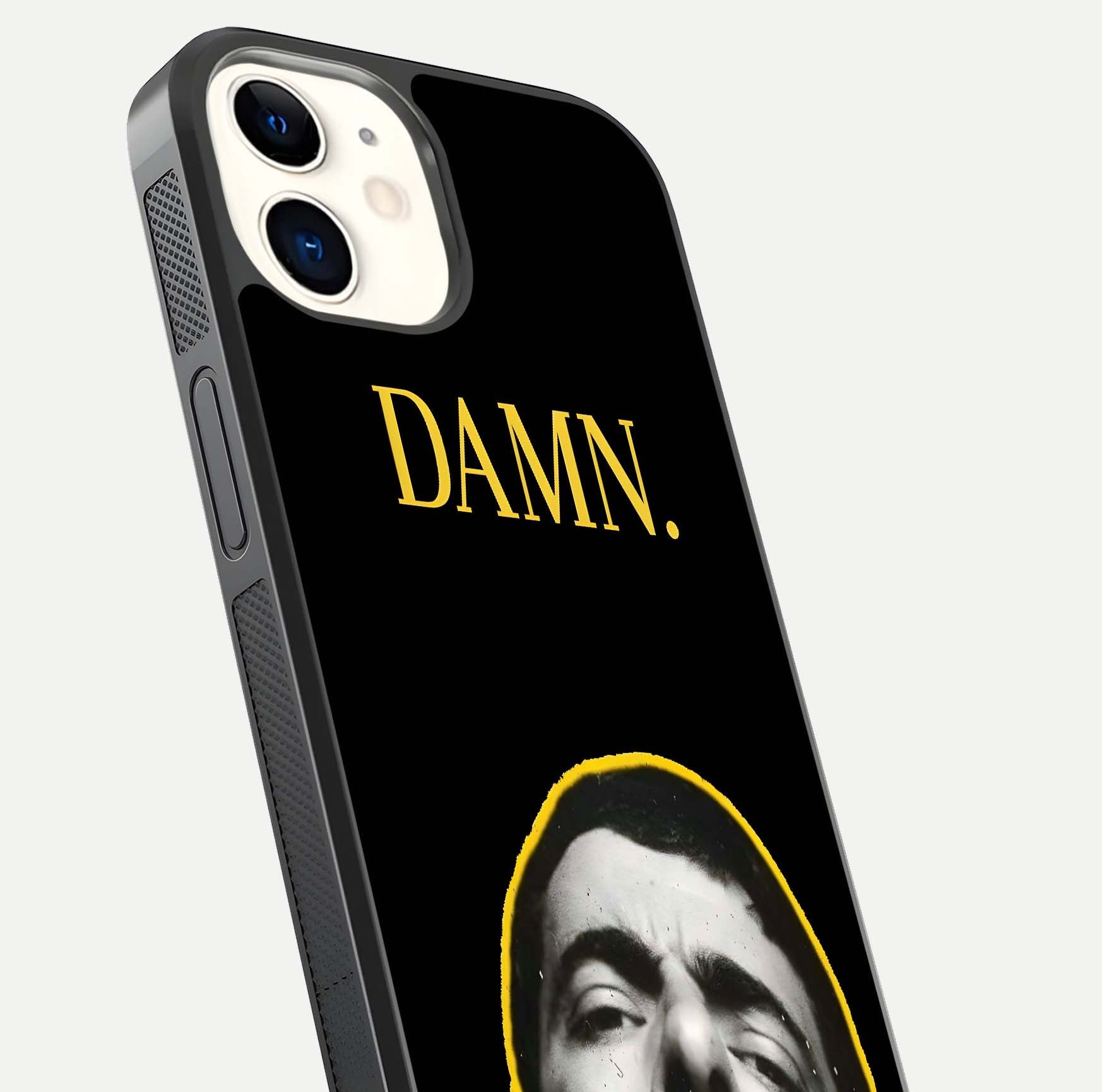 Mr Bean Damn Glass Case for iPhone 12 Mini close-up angled shot highlighting comic expression and shine detail