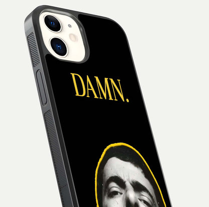 Mr Bean Damn Glass Case for iPhone 12 Mini close-up angled shot highlighting comic expression and shine detail