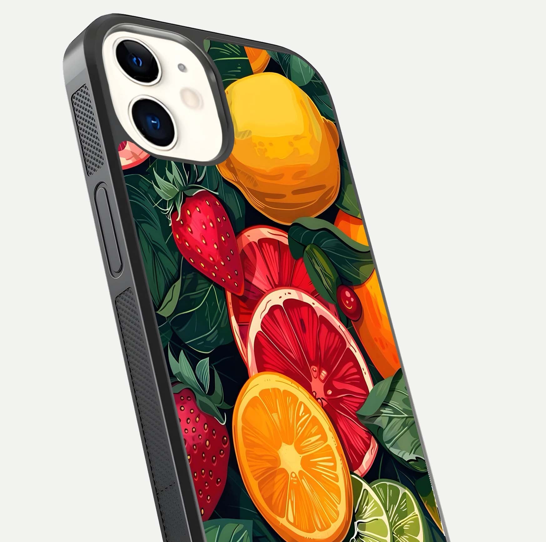 Multiple Fruits Glass Case for iPhone 12 Mini close-up angled shot showing fruit texture and HD gloss shine