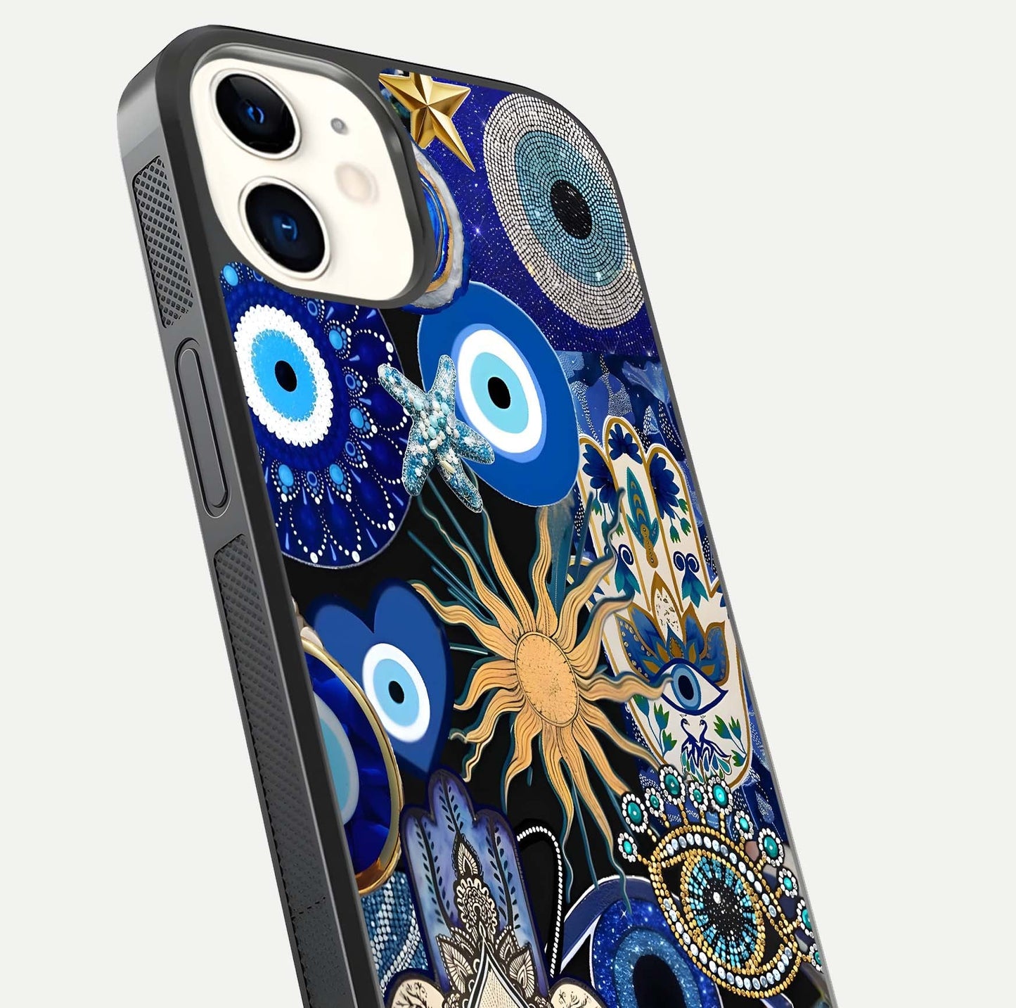 Mystic Blue Evil Eye Glass Case for iPhone 12 Mini close-up angled shot highlighting mystical glow and HD reflection