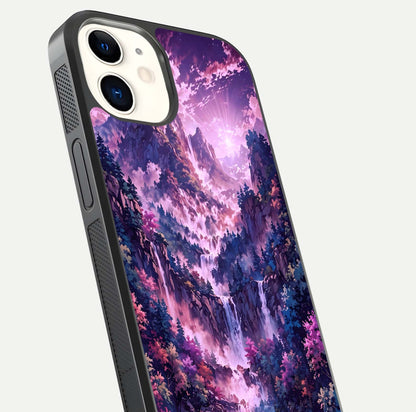 Mystic Cascade Peaks Glass Case for iPhone 12 Mini close-up angled shot showing peak reflections and color gradient