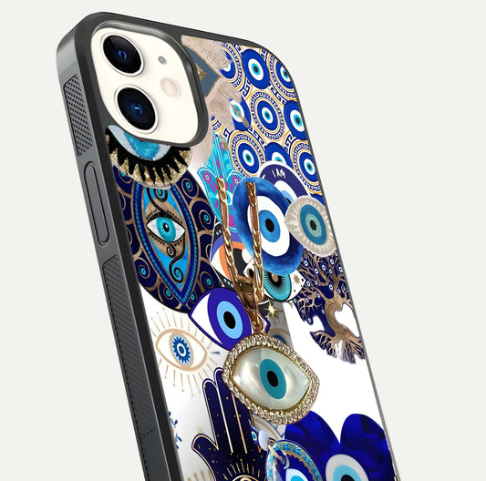 Mystic Charm Eye Glass Case for iPhone 12 Mini close-up angled shot showing detailed eye art and reflection