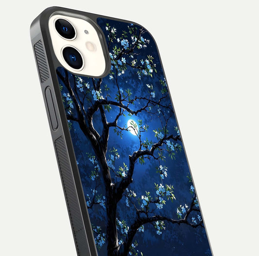 Mystic Floral Night Glass Case for iPhone 12 Mini close-up angled shot highlighting petal detail and HD reflection