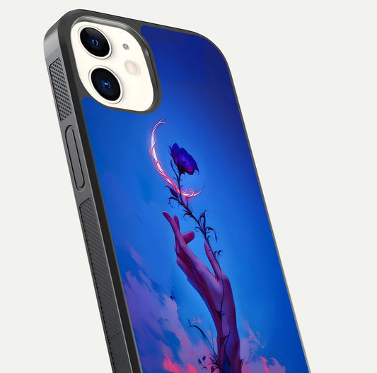 Mystic Hand Glass Case for iPhone 12 Mini close-up angled shot showing spiritual markings and reflection