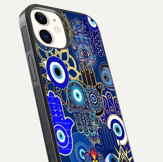 Mystic Palm Guard Glass Case for iPhone 12 Mini close-up angled shot showing eye symbol and fine texture