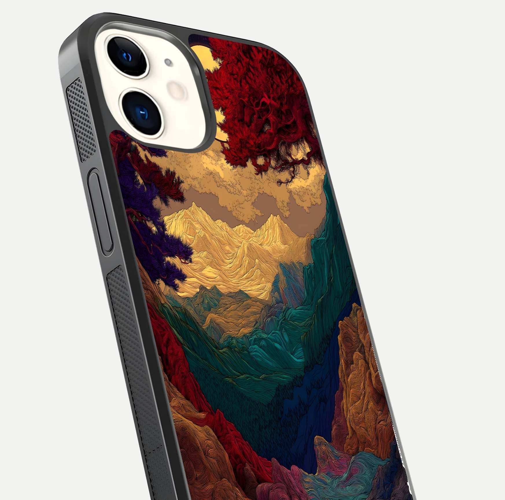 Mystic Valley Light Glass Case for iPhone 12 Mini close-up angled shot highlighting gradient sky and reflection