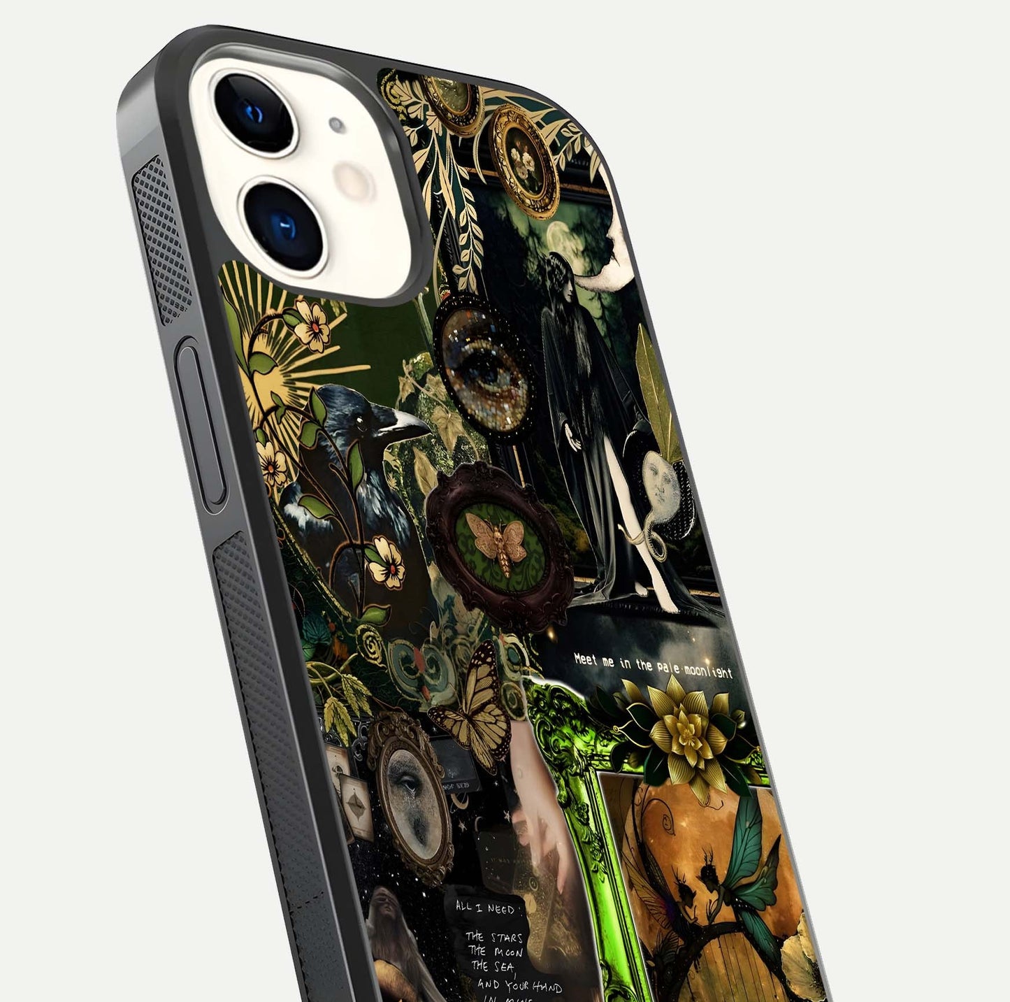 Mystic Woods Secret Glass Case for iPhone 12 Mini close-up angled shot highlighting tree texture and reflection