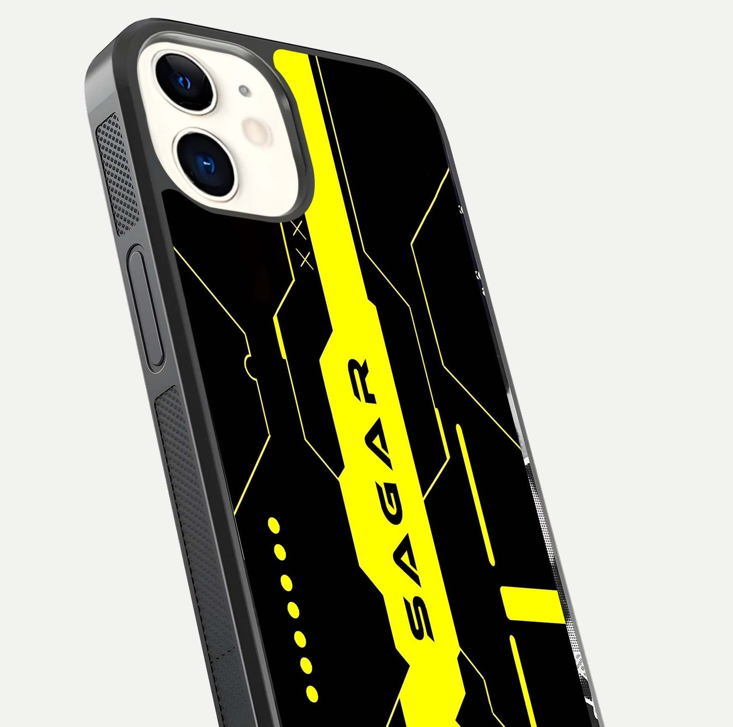 Neon CYBERPUNK Custom Name Glass Case for iPhone 12 Mini close-up angled shot highlighting electric colors and reflection