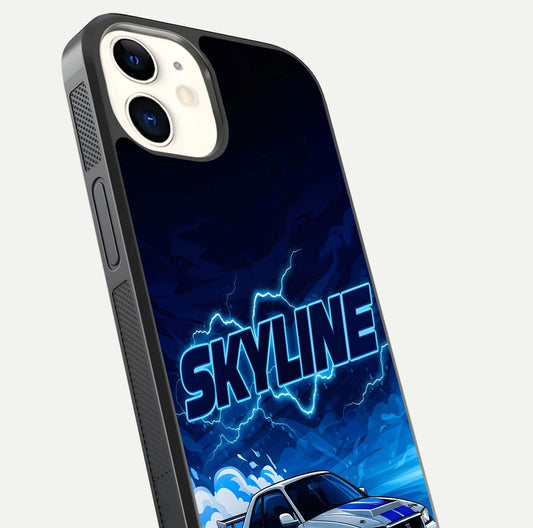 Neon Drift Beast Glass Case for iPhone 12 Mini close-up angled shot highlighting glowing streaks and vivid reflection