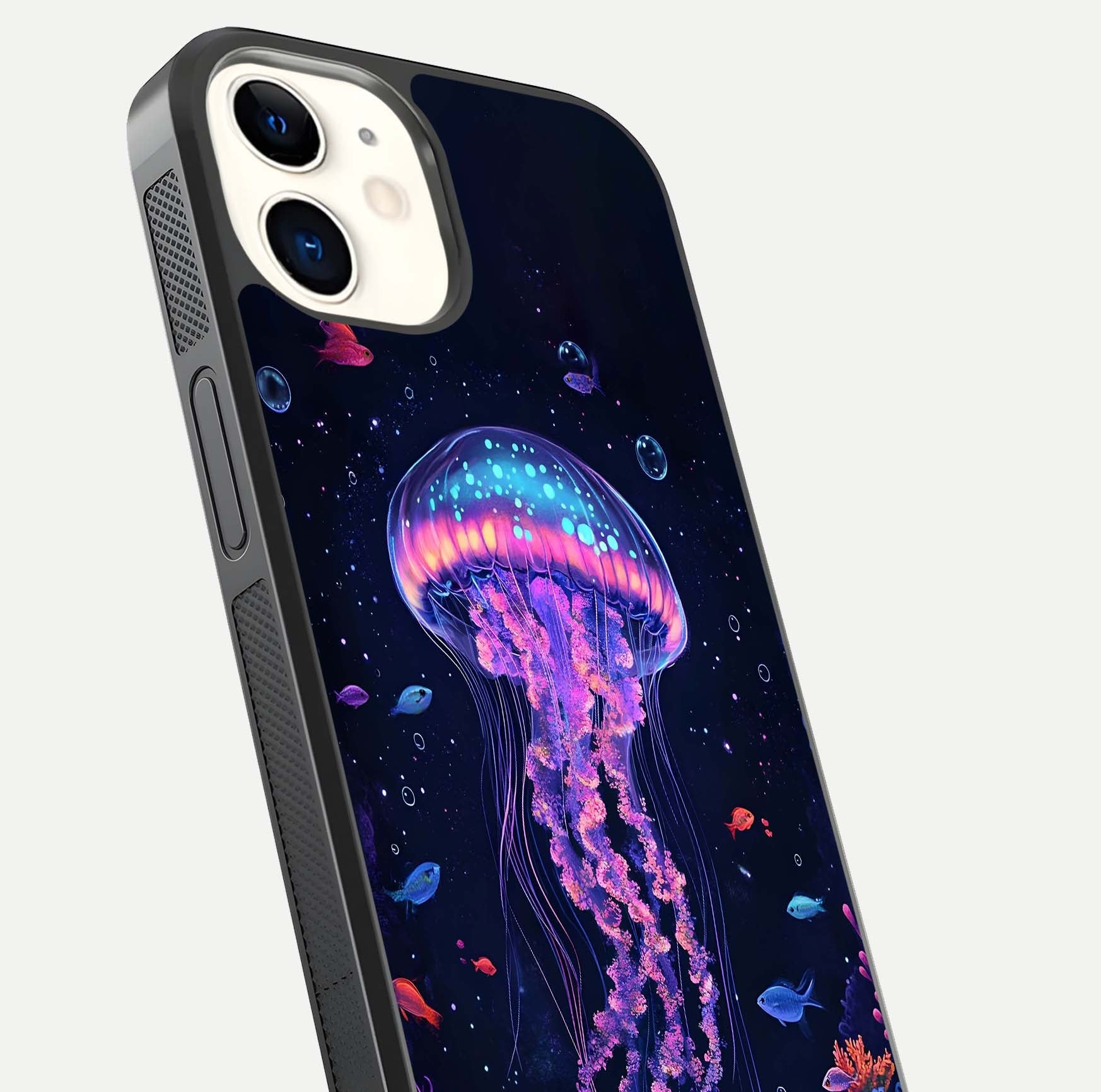 Neon Jellyfish Glass Case for iPhone 12 Mini close-up angled shot showing translucent jellyfish and shine reflection