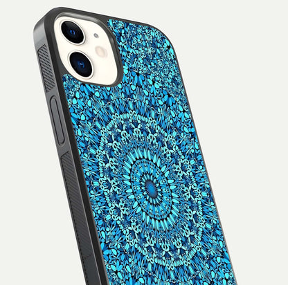 Ocean Bloom Mandala Glass Case for iPhone 12 Mini close-up angled shot highlighting detailed mandala and reflection