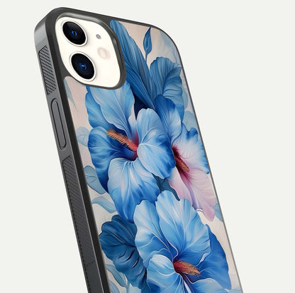 Ocean Hibiscus Grace Glass Case for iPhone 12 Mini close-up angled shot highlighting floral glow and HD shine