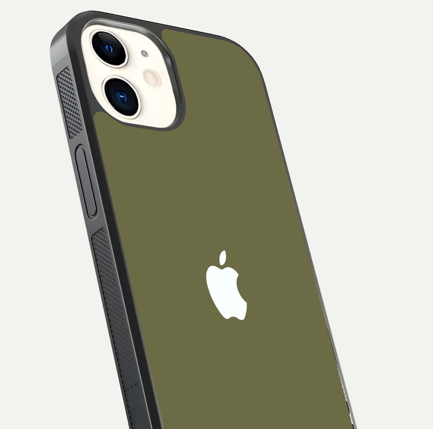 Olive Matte Essence Glass Case for iPhone 12 Mini close-up angled shot showing soft reflection and minimal finish