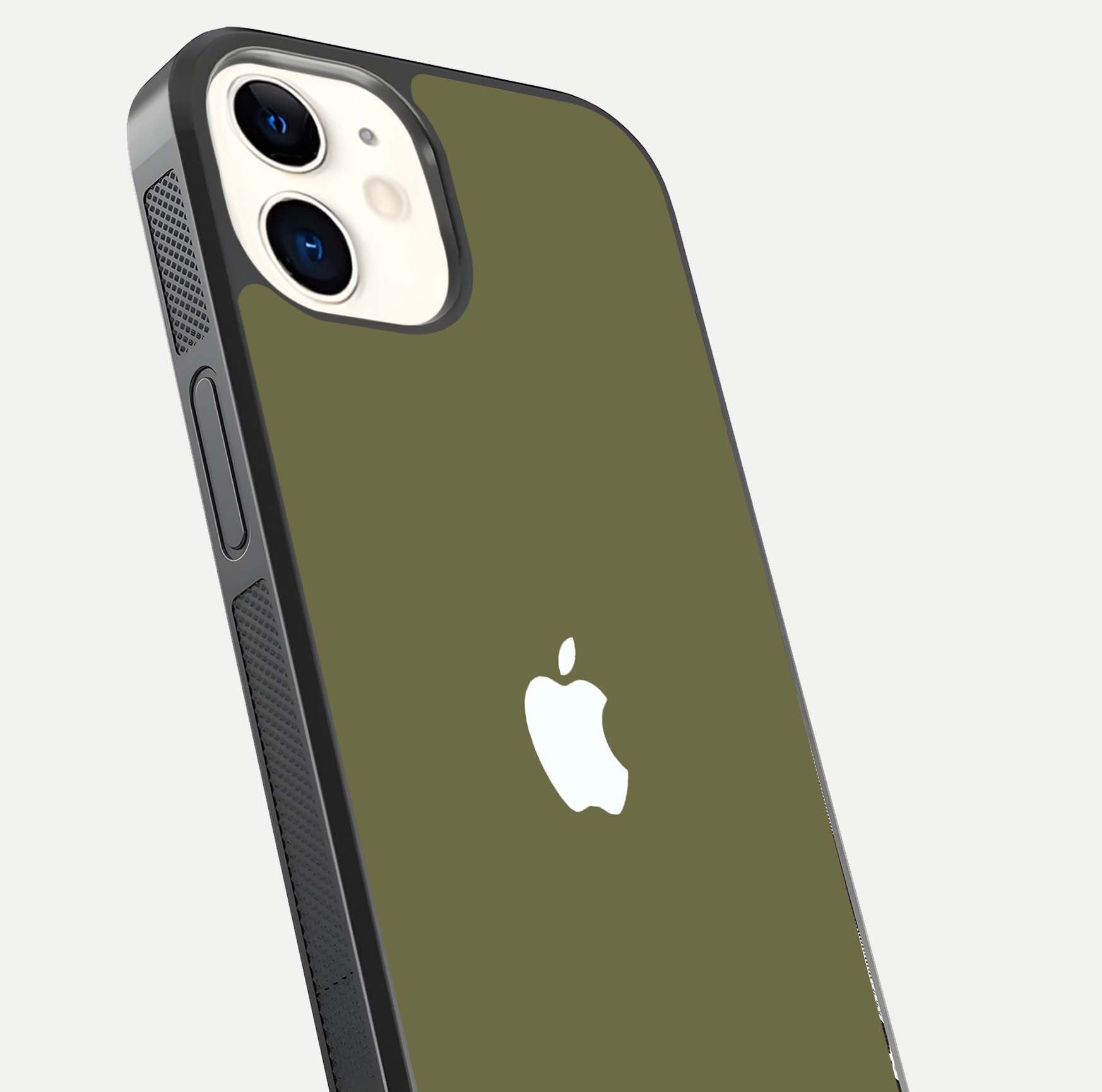 Olive Matte Essence Glass Case for iPhone 12 Mini close-up angled shot showing soft reflection and minimal finish