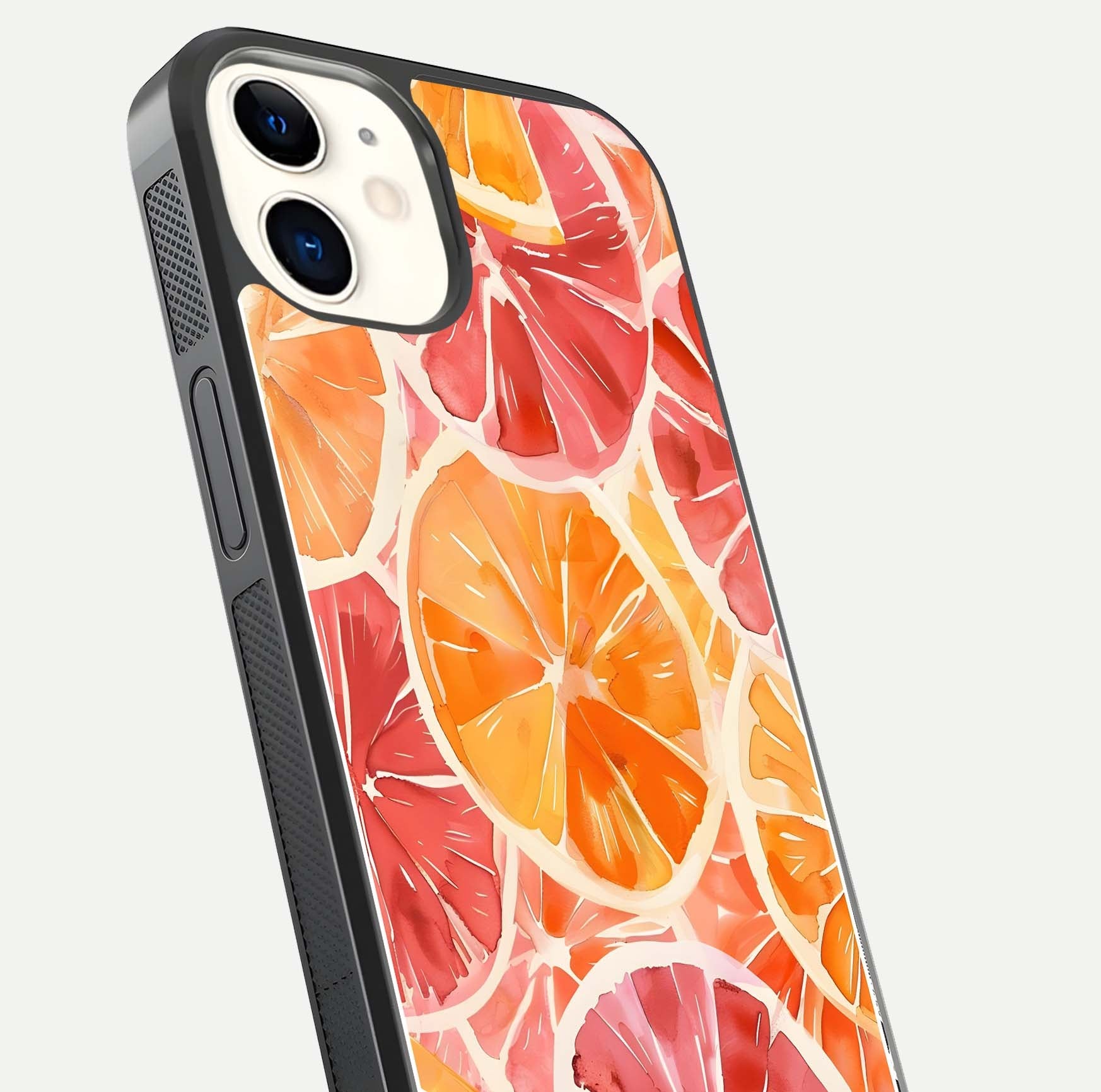 Orange Fruits Pattern Glass Case for iPhone 12 Mini close-up angled shot showing juicy fruit texture and reflection