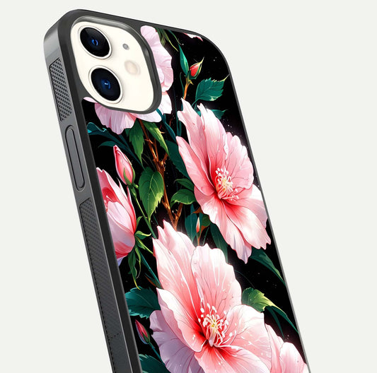 Peach Flower Glass Case for iPhone 12 Mini close-up angled shot highlighting floral petals and HD glass reflection