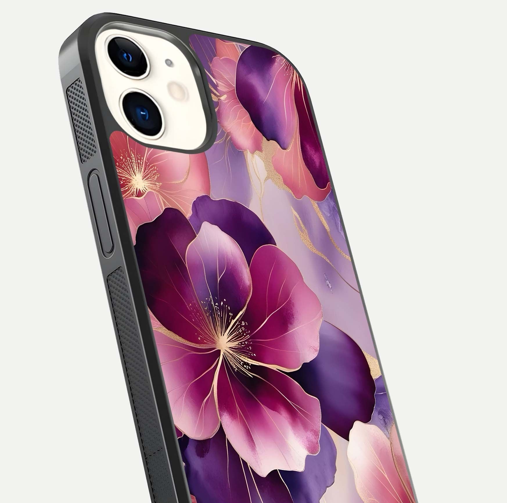 Pink Bouquet Florals Glass Case for iPhone 12 Mini close-up angled shot showing bouquet details and reflection