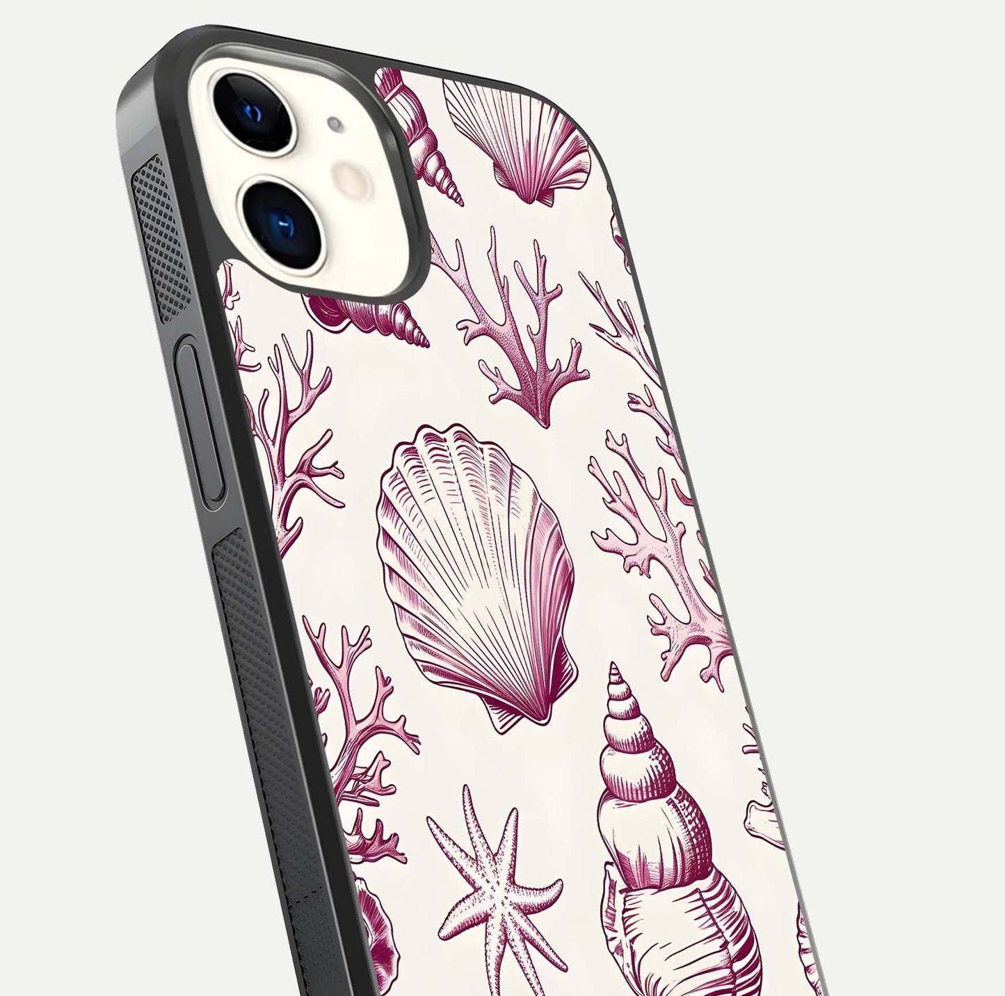 Pink Shells Outline Glass Case for iPhone 12 Mini close-up angled shot showing fine shell lines and reflection
