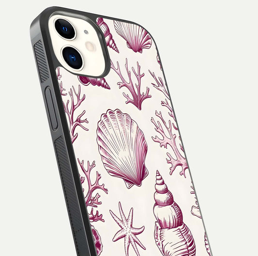 Pink Shells Outline Glass Case for iPhone 12 Mini close-up angled shot showing fine shell lines and reflection