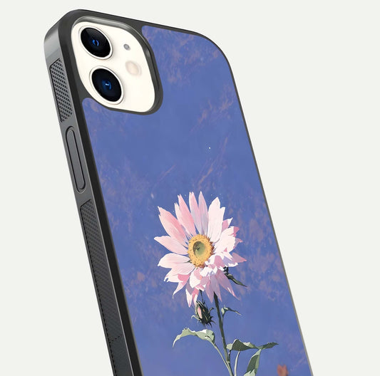 Pink Sunflower Glow Glass Case for iPhone 12 Mini close-up angled shot highlighting petal texture and reflection