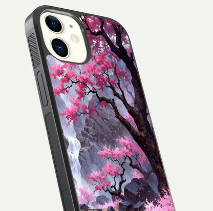 Pinkish Scenery Glass Case for iPhone 12 Mini close-up angled shot showing reflection and gradient color blend