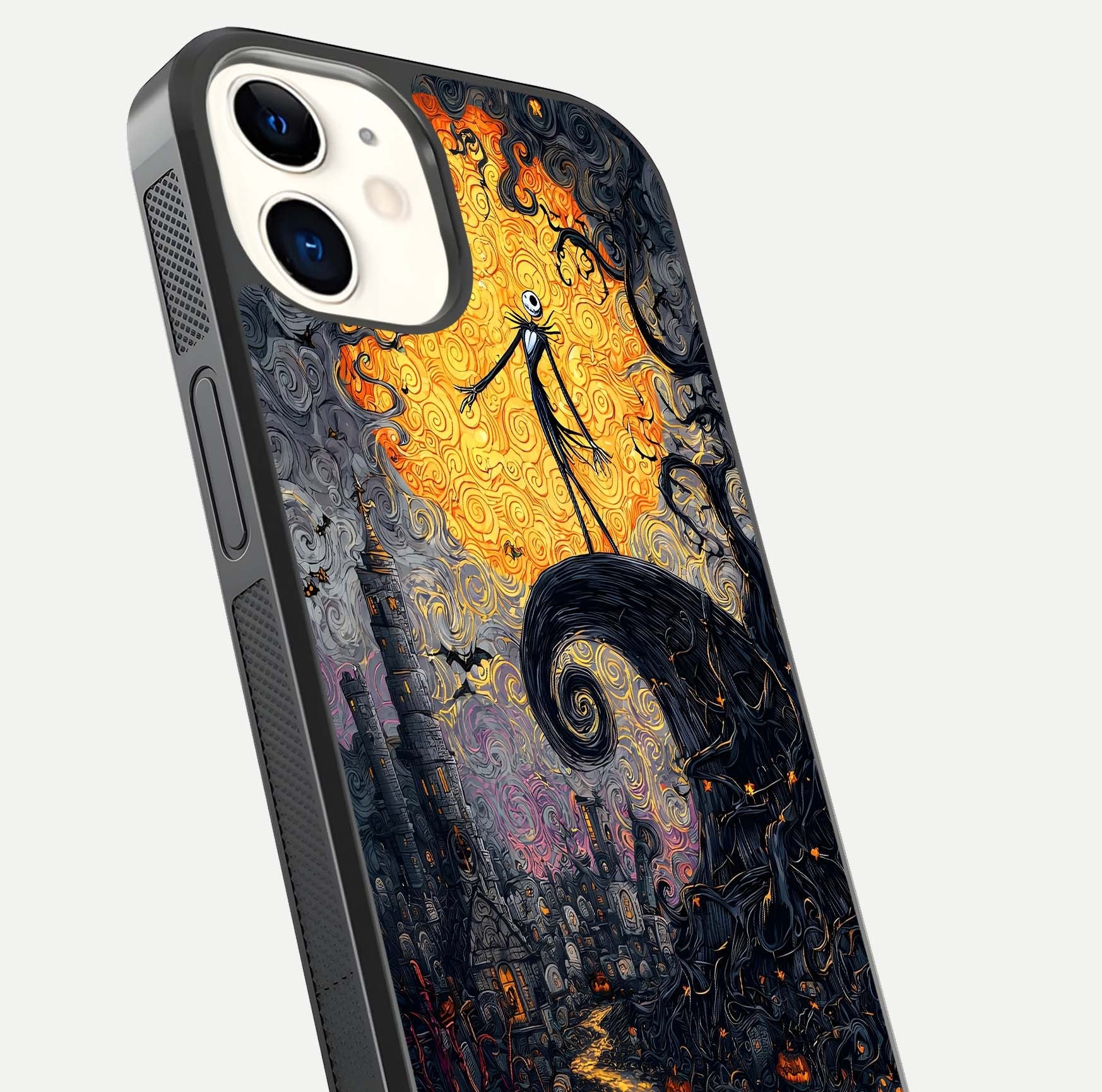 Pumpkin Moon Night Glass Case for iPhone 12 Mini close-up angled shot showing moon reflection and Halloween glow