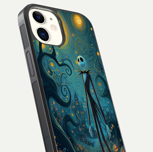 Pumpkin Moonlight Tale Glass Case for iPhone 12 Mini close-up angled shot highlighting reflection and vibrant glow